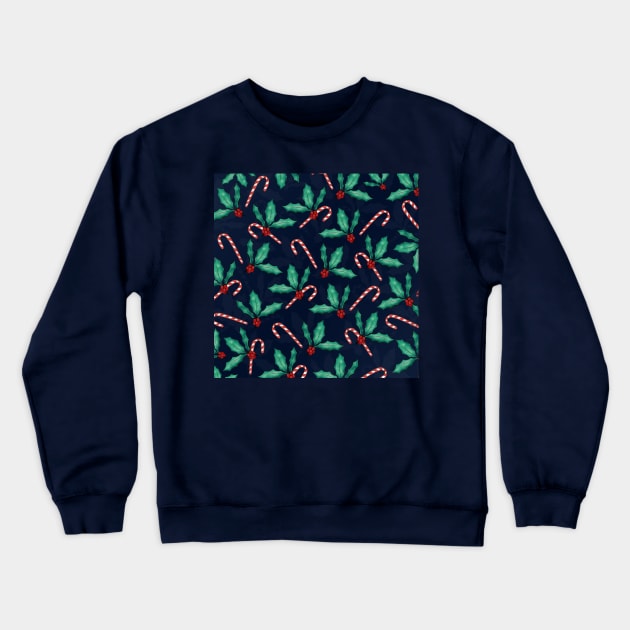 Blue Green Holly Leaves Red Berries Candy Cane Paint Crewneck Sweatshirt by NdesignTrend